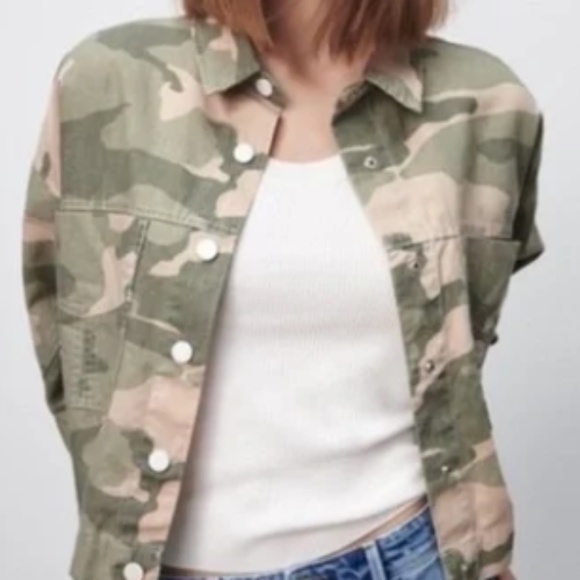 Zara Camo Shirt Jacket Pink Green L - Picture 1 of 11